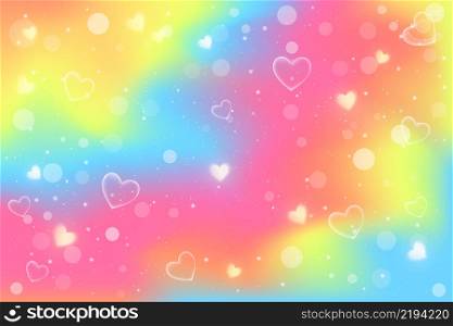 Rainbow fantasy background. Holographic illustration in neon colors. Cute cartoon girly background. Bright multicolored sky with bokeh and hearts. Vector illustration. Rainbow fantasy background. Holographic illustration in neon colors. Cute cartoon girly background. Bright multicolored sky with bokeh and hearts. Vector.