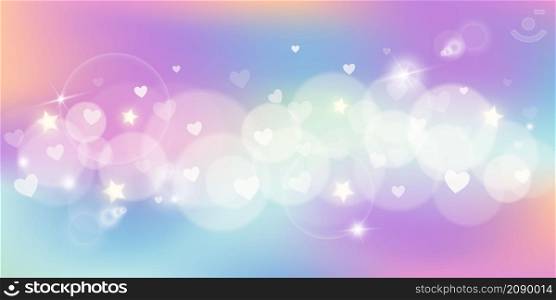 Rainbow fantasy background. Holographic illustration in pastel colors. Multicolored unicorn sky with stars, hearts and bokeh. Vector.. Rainbow fantasy background. Holographic illustration in pastel colors. Multicolored unicorn sky with stars, hearts and bokeh. Vector