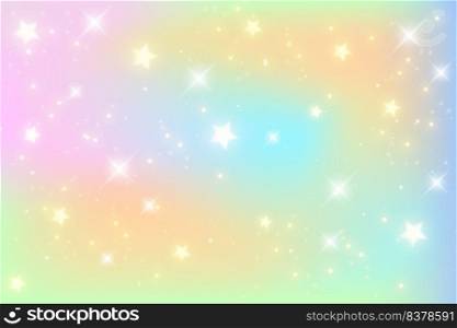 Rainbow fantasy background. Holographic illustration in pastel colors. Bright multicolored sky with stars. Vector illustration. Rainbow fantasy background. Holographic illustration in pastel colors. Bright multicolored sky with stars. Vector.