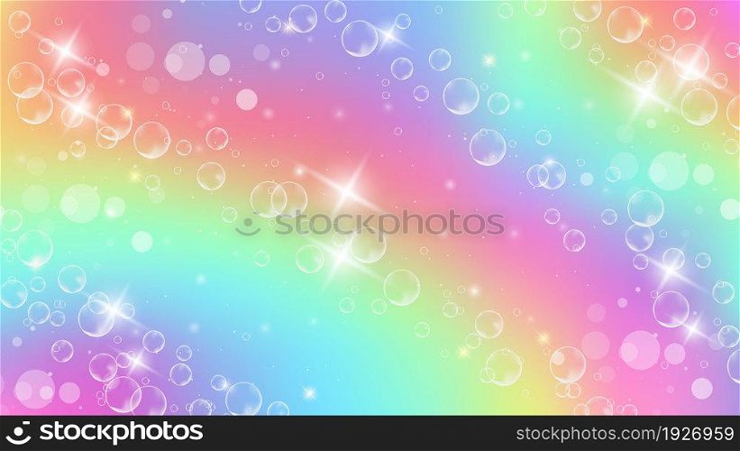 Rainbow fantasy background. Holographic illustration in pastel colors. Cute cartoon girly background. Bright multicolored sky with stars and bokeh. Vector illustration