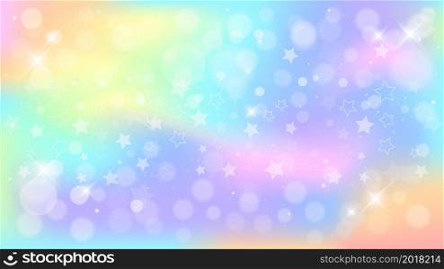 Rainbow fantasy background. Holographic illustration in pastel colors. Cute cartoon girly background. Bright multicolored sky with stars. Vector illustration. Rainbow fantasy background. Holographic illustration in pastel colors. Cute cartoon girly background. Bright multicolored sky with stars. Vector.
