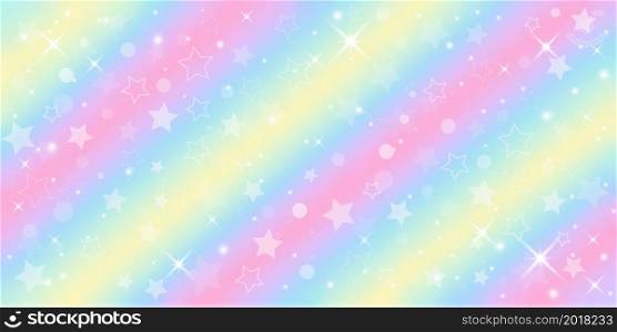 Rainbow fantasy background. Holographic illustration in pastel colors. Cute cartoon girly background. Bright multicolored sky with stars. Vector illustration. Rainbow fantasy background. Holographic illustration in pastel colors. Cute cartoon girly background. Bright multicolored sky with stars. Vector.