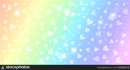 Rainbow fantasy background. Holographic illustration in pastel colors. Cute cartoon girly background. Bright multicolored sky with bokeh and hearts. Vector illustration. Rainbow fantasy background. Holographic illustration in pastel colors. Cute cartoon girly background. Bright multicolored sky with bokeh and hearts. Vector.