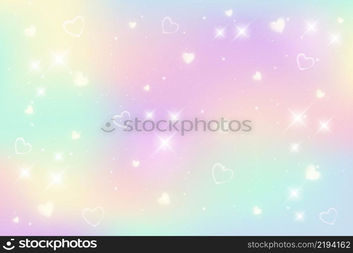 Rainbow fantasy background. Holographic illustration in pastel colors. Cute cartoon girly background. Bright multicolored sky with bokeh and hearts. Vector illustration. Rainbow fantasy background. Holographic illustration in pastel colors. Cute cartoon girly background. Bright multicolored sky with bokeh and hearts. Vector.