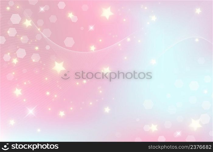 Rainbow fantasy background. Holographic illustration in pastel colors. Cute cartoon girly background. Bright multicolored sky with stars and hearts. Vector.