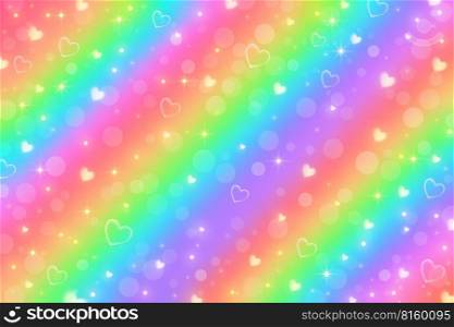 Rainbow fantasy background. Holographic illustration in pastel colors. Cute cartoon girly background. Bright multicolored sky with hearts. Vector. Rainbow fantasy background. Holographic illustration in pastel colors. Cute cartoon girly background. Bright multicolored sky with hearts. Vector.