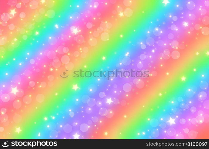 Rainbow fantasy background. Holographic illustration in pastel colors. Cute cartoon girly background. Bright multicolored sky with stars and bokeh. Vector. Rainbow fantasy background. Holographic illustration in pastel colors. Cute cartoon girly background. Bright multicolored sky with stars and bokeh. Vector.