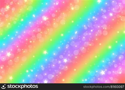 Rainbow fantasy background. Holographic illustration in pastel colors. Cute cartoon girly background. Bright multicolored sky with stars and bokeh. Vector. Rainbow fantasy background. Holographic illustration in pastel colors. Cute cartoon girly background. Bright multicolored sky with stars and bokeh. Vector.