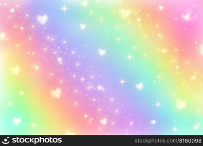 Rainbow fantasy background. Holographic illustration in pastel colors. Cute cartoon girly background. Bright multicolored sky with hearts. Vector. Rainbow fantasy background. Holographic illustration in pastel colors. Cute cartoon girly background. Bright multicolored sky with hearts. Vector.