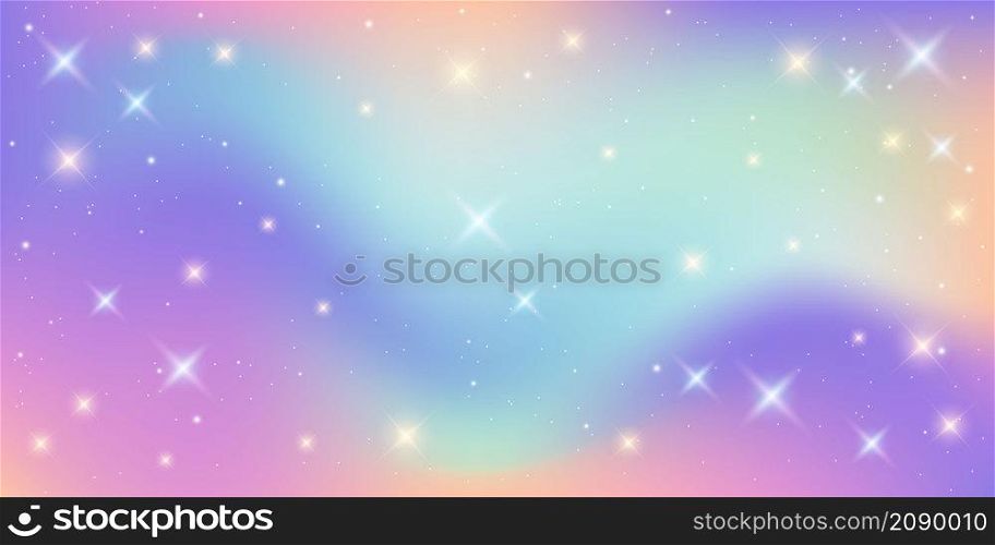 Rainbow fantasy background. Holographic illustration in pastel colors. Cute cartoon girly pattern. Bright multicolored sky with stars. Vector.. Rainbow fantasy background. Holographic illustration in pastel colors. Cute cartoon girly pattern. Bright multicolored sky with stars. Vector