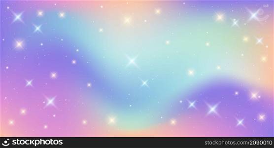 Rainbow fantasy background. Holographic illustration in pastel colors. Cute cartoon girly pattern. Bright multicolored sky with stars. Vector.. Rainbow fantasy background. Holographic illustration in pastel colors. Cute cartoon girly pattern. Bright multicolored sky with stars. Vector