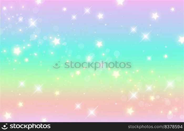 Rainbow fantasy background. Holographic illustration in pastel colors. Cute cartoon girly wallpaper. Bright multicolored sky with stars. Vector illustration. Rainbow fantasy background. Holographic illustration in pastel colors. Cute cartoon girly wallpaper. Bright multicolored sky with stars. Vector.