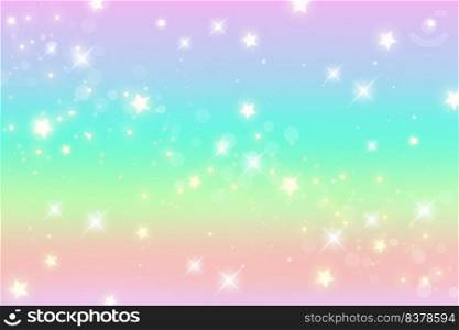 Rainbow fantasy background. Holographic illustration in pastel colors. Cute cartoon girly wallpaper. Bright multicolored sky with stars. Vector illustration. Rainbow fantasy background. Holographic illustration in pastel colors. Cute cartoon girly wallpaper. Bright multicolored sky with stars. Vector.