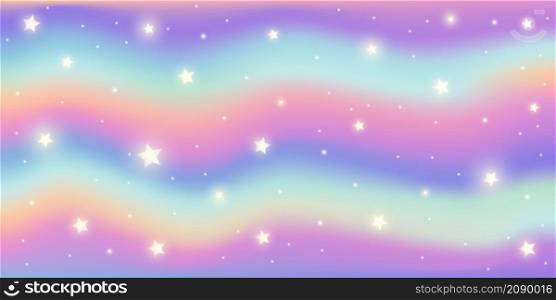 Rainbow fantasy background. Holographic illustration in pastel colors. Cute wavy pattern. Bright multicolored sky and stars. Vector. Rainbow fantasy background. Holographic illustration in pastel colors. Cute wavy pattern. Bright multicolored sky and stars. Vector.