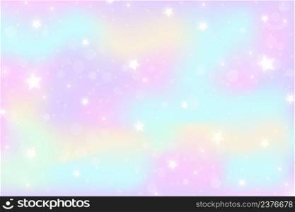Rainbow fantasy background. Holographic illustration in pastel colors. Multicolored sky with stars and bokeh. Rainbow fantasy background. Holographic illustration in pastel colors. Multicolored sky with stars and bokeh.