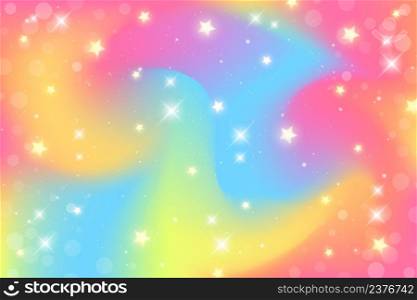 Rainbow fantasy background. Holographic illustration in pastel colors. Multicolored sky with stars and bokeh. Rainbow fantasy background. Holographic illustration in pastel colors. Multicolored sky with stars and bokeh.