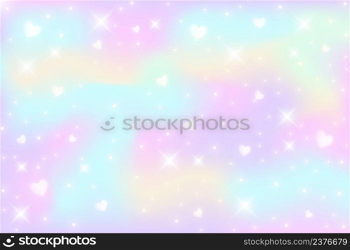 Rainbow fantasy background. Holographic illustration in pastel colors. Multicolored sky with stars and hearts. Vector.. Rainbow fantasy background. Holographic illustration in pastel colors. Multicolored sky with stars and hearts. Vector