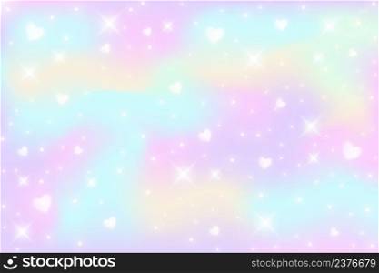 Rainbow fantasy background. Holographic illustration in pastel colors. Multicolored sky with stars and hearts. Vector.. Rainbow fantasy background. Holographic illustration in pastel colors. Multicolored sky with stars and hearts. Vector