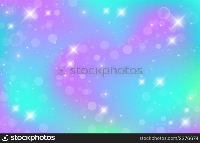 Rainbow fantasy background. Holographic unicorn illustration. Multicolored sky with stars and bokeh. Vector.. Rainbow fantasy background. Holographic unicorn illustration. Multicolored sky with stars and bokeh. Vector