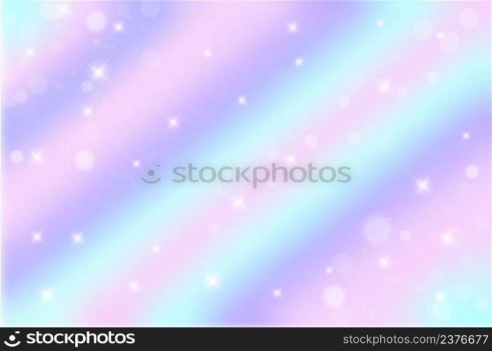 Rainbow fantasy background. Holographic unicorn illustration. Multicolored sky with stars and bokeh. Vector.. Rainbow fantasy background. Holographic unicorn illustration. Multicolored sky with stars and bokeh. Vector