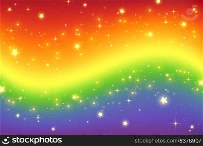 Rainbow fantasy background. Holographic wavy illustration. Bright multicolored sky with stars and bokeh. Vector. Rainbow fantasy background. Holographic wavy illustration. Bright multicolored sky with stars and bokeh. Vector.
