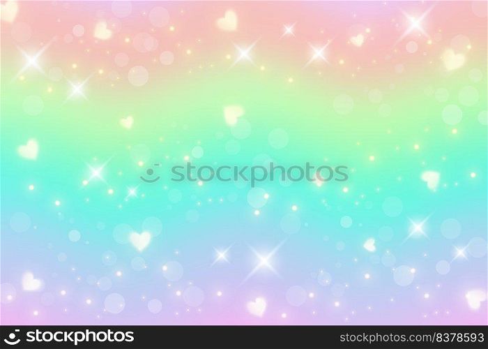 Rainbow fantasy background with hearts and stars. Holographic illustration in pastel colors. Cute cartoon unicorn wallpapaer. Bright multicolored sky. Vector. Rainbow fantasy background with hearts and stars. Holographic illustration in pastel colors. Cute cartoon unicorn wallpapaer. Bright multicolored sky. Vector.