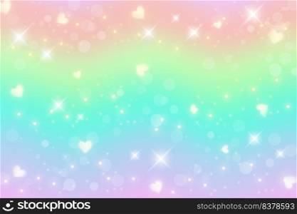 Rainbow fantasy background with hearts and stars. Holographic illustration in pastel colors. Cute cartoon unicorn wallpapaer. Bright multicolored sky. Vector. Rainbow fantasy background with hearts and stars. Holographic illustration in pastel colors. Cute cartoon unicorn wallpapaer. Bright multicolored sky. Vector.