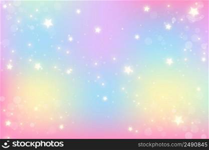Rainbow fantasy unicorn background. Holographic illustration in pastel colors. Cute cartoon girly background. Bright multicolored sky with stars and hearts. Vector.. Rainbow fantasy unicorn background. Holographic illustration in pastel colors. Cute cartoon girly background. Bright multicolored sky with stars. Vector.