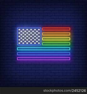 Rainbow flag neon sign. American LGBT community, star and stripe, gay pride. Vector illustration in neon style for bright banners, light billboards, holiday flyers