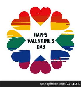 Rainbow flower from the different hearts of the LGBT community. Happy Valentine&rsquo;s day. Colorful vector illustration, greeting card, emblem on white background.. Rainbow flower of hearts of LGBT people. Happy Valentine&rsquo;s day. Vector illustration, greeting card, emblem on white background.