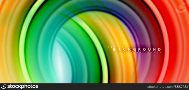 Rainbow fluid color line abstract background - swirl and circles, twisted liquid colours design, colorful marble or plastic wavy texture backdrop, multicolored template for business or technology presentation or web brochure cover layout, wallpaper. Rainbow fluid color line abstract background - swirl and circles, twisted liquid colours design, colorful marble or plastic wavy texture backdrop, multicolored template for business or technology presentation or web brochure cover layout, wallpaper. Vector illustration