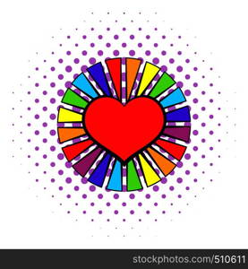 Rainbow heart with color rays icon in comics style on a white background . Rainbow heart with color rays icon, comics style