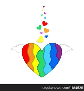 Rainbow heart with wings paper cut 3d effect isolated on white background, vibrant Lgbt pride design. Template for Valentines day greeting card, Colorful curved wave layers Illustration, icon. Rainbow paper cut lgbt heart shape with 3d effect