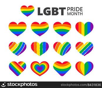 Rainbow Hearts. LGBTQ symbol for celebrating Independence Day. Isolated on white background.