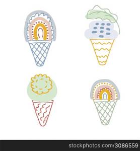 Rainbow ice cream set. Design for T-shirt, textile and prints. Hand drawn vector illustration for decor and design.