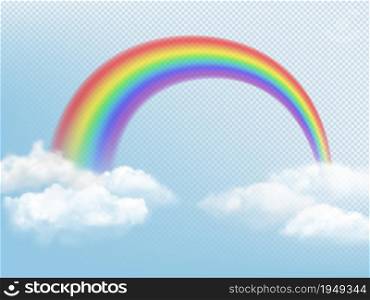 Rainbow in sky. Weather background with clouds and colored arch of rainbow vector realistic picture. Rainbow nature light curve decoration illustration. Rainbow in sky. Weather background with clouds and colored arch of rainbow vector realistic picture
