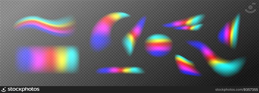 Rainbow light flares of prism, crystal glass or diamond. Overlay texture of lens glare, spectrum refraction effect. Iridescent light streaks isolated on transparent background, vector realistic set. Rainbow light flares of prism, crystal glass