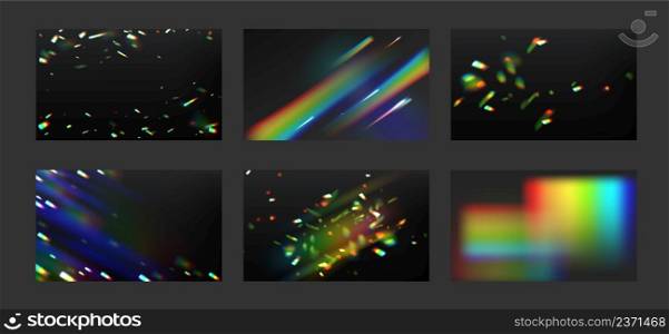 Rainbow light rays, lens flare, reflection effect from crystal, glass or gem. Vector realistic illustration set of light leak effect with spectrum glare, prism refraction, lens flare. Rainbow light rays, lens flare, refraction effect