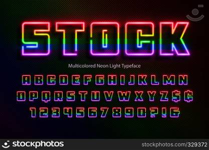Rainbow Neon light alphabet, extra glowing font. Exclusive swatch color control.. Rainbow Neon light alphabet, extra glowing font