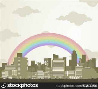 Rainbow over a city. Rainbow in the sky over a city. A vector illustration