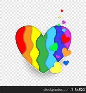 Rainbow paper cut heart colors LGBT or GLBT pride flag isolated on transparent background, symbol of lesbian gay bisexual transgender and queer questioning LGBTQ. 3d Vector Illustration icon, clip art. Rainbow paper cut heart colors LGBT or GLBT pride
