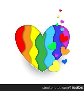Rainbow paper cut heart colors LGBT or GLBT pride flag isolated on white background, symbol of lesbian gay bisexual transgender and queer questioning LGBTQ. 3d Illustration icon, clip art. Rainbow paper cut heart colors LGBT or GLBT pride