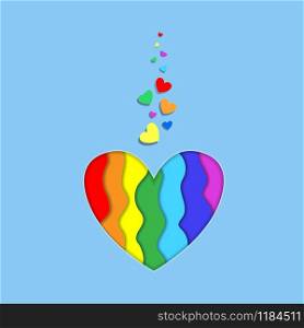 Rainbow paper cut heart shape with 3d effect on blue background, vibrant Lgbt pride colors, design. Template for Valentines day greeting card, Colorful curved wave layers Illustration, icon. Rainbow paper cut lgbt heart shape with 3d effect