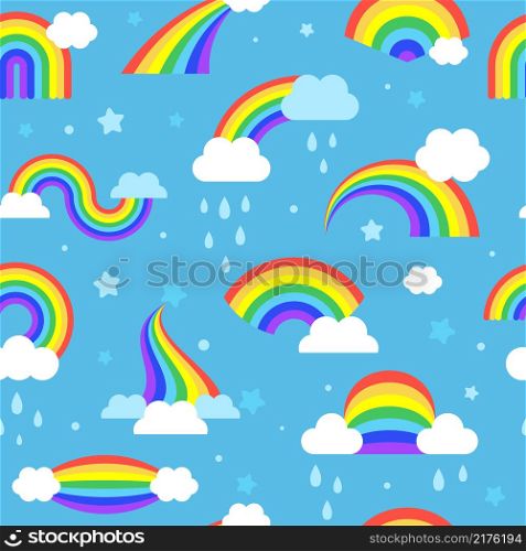 Rainbow pattern. Colored textile designs with weather rainbows in clouds recent vector seamless background. Illustration rainbow background, cloud and star. Rainbow pattern. Colored textile designs with weather rainbows in clouds recent vector seamless background