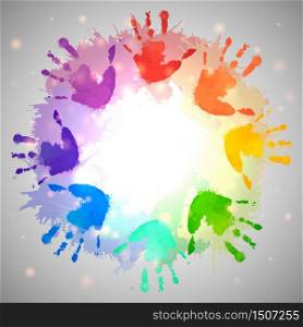 Rainbow prints of children hands and watercolor splashes in the circle. Vector frame for postcards and your design. Rainbow prints of children hands and watercolor splashes