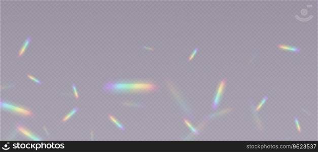 Rainbow refraction overlay, leak flare, prism light effect, rainbow sunlight, holographic rays with transparency. Blurred bokeh retro photo texture, vintage camera glare. Vector background.. Rainbow refraction overlay, prism light effect, leak flare.
