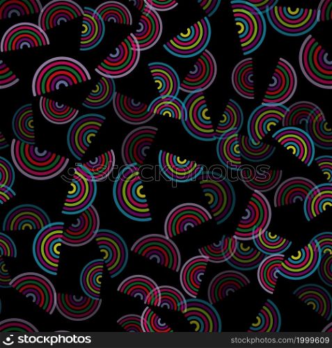 Rainbow scattered on a black background. For fabric, baby clothes, background, textile, wrapping paper and other decoration. Vector seamless pattern EPS 10