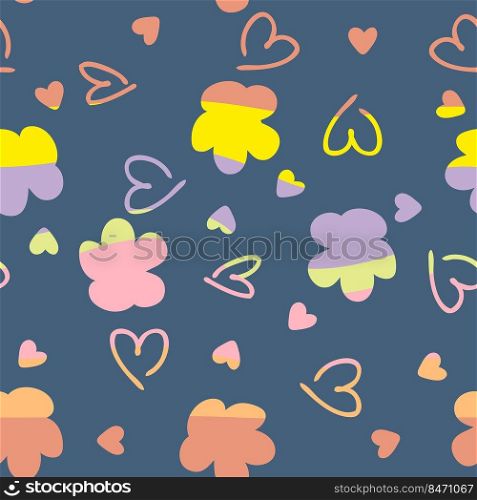 Rainbow seamless pattern with flowers and hearts in 1970 retro style. Hippie aesthetic print for fabric, paper, T-shirt. Romantic vector illustration for decor and design.