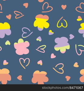 Rainbow seamless pattern with flowers and hearts in 1970 retro style. Hippie aesthetic print for fabric, paper, T-shirt. Romantic vector illustration for decor and design.