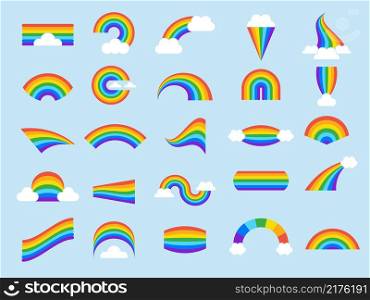 Rainbow set. Stylized curves colored rainbow lines in clouds weather natural rain elements recent vector illustrations collection. Rainbow curve bright, shape color arch. Rainbow set. Stylized curves colored rainbow lines in clouds weather natural rain elements recent vector illustrations collection